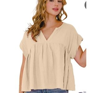 ODDi Oversized M gauze Top Boho Peasant Blouse V Neck Short Sleeve‎ Beige